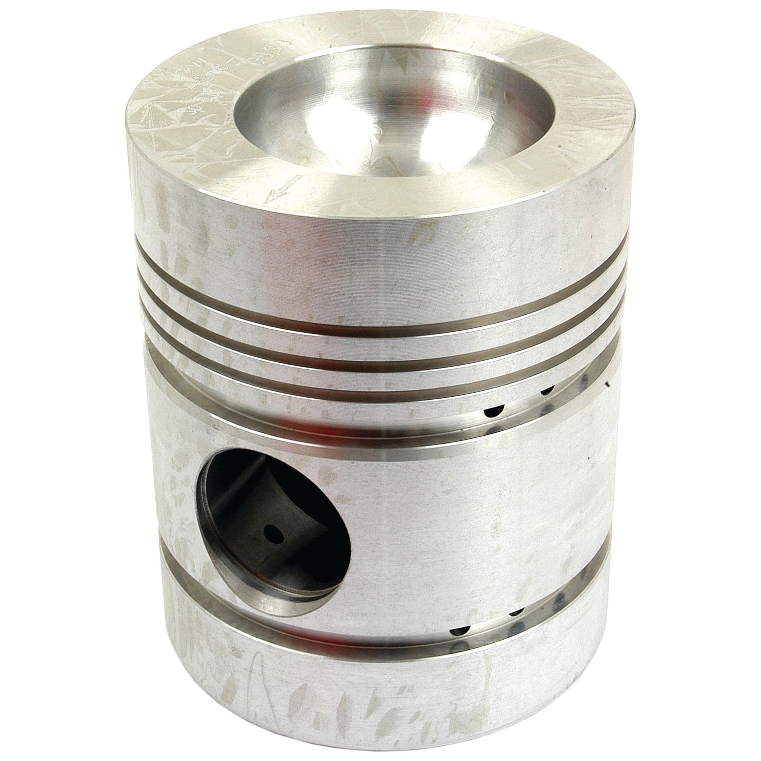 The piston features a cylindrical shape with a slightly dome-shaped top, multiple grooves around the sides, and a hollow center visible through a side hole. It is designed to accommodate various bore diameters without compromising performance. This description matches the Piston () - S.40410 from Sparex.