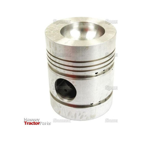 A metal piston for a tractor engine, featuring several grooves and a hollow center, is displayed against a white background. The text "Massey Tractor Parts" is visible at the bottom, showcasing its precise bore diameter. The product name is Piston () - S.40410 by Sparex.