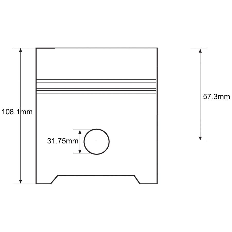 Technical drawing of a piston with dimensions labeled: 108.1 mm height, 57.3 mm from top edge to ring grooves, and 31.75 mm diameter for the wrist pin hole. The Sparex Piston (Standard) - S.40404 ensures precise fit and performance.
