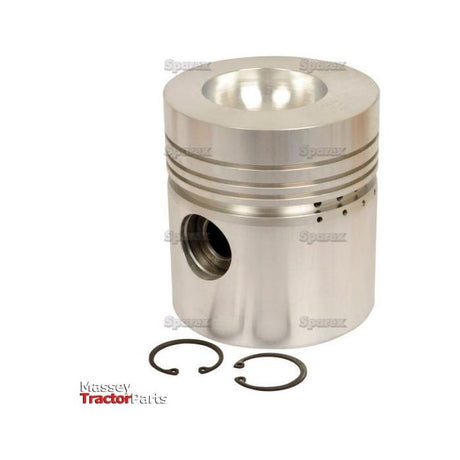 A Sparex Piston (Standard) - S.42929, featuring a metallic body with grooves and a large central cavity, precise bore diameter, and accompanied by two metal snap rings, positioned against a white background.