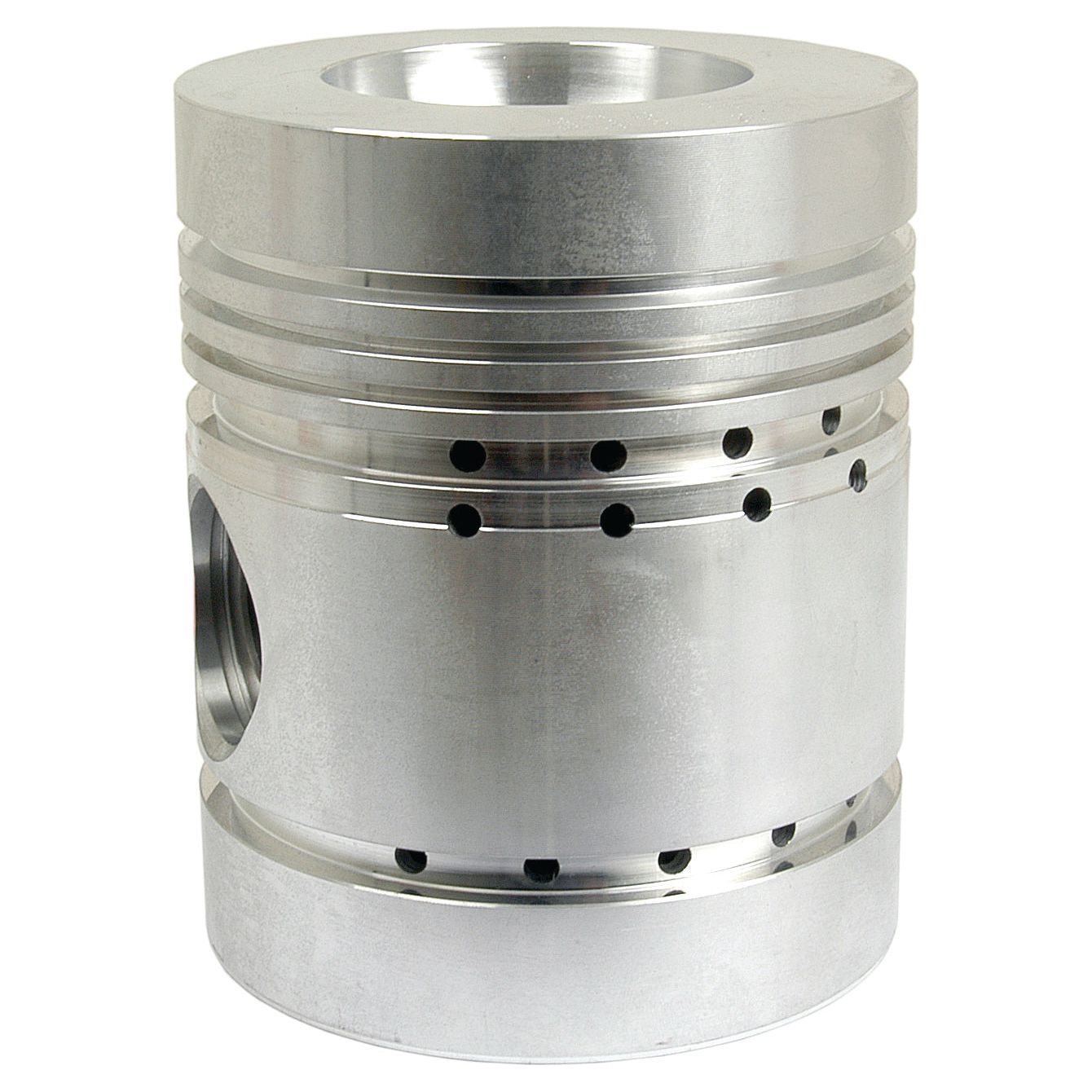 Close-up of the Sparex S.43383 Standard Piston, a metallic cylindrical component featuring multiple grooves and holes, essential for ensuring optimal performance in engines or machinery.
