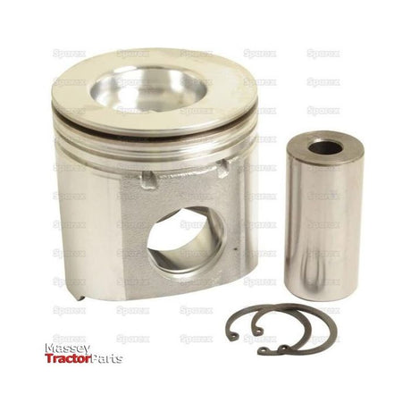 A Sparex metallic piston kit, product name S.44197 (Standard), includes a piston with impressive compression height, a cylindrical pin, and two retaining clips, all placed on a white background. The logo "Massey Tractor Parts" is visible in the bottom left corner.