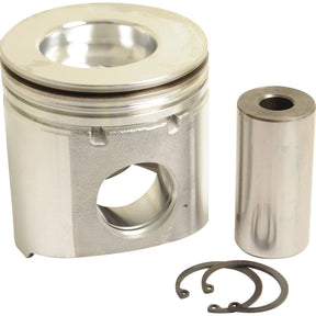A Sparex Piston (Standard) - S.44197 in silver metal, along with a wrist pin and two circlips, are arranged against a plain white background.