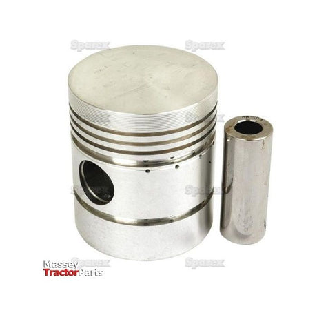A metal flat top piston and pin, identified as the Piston (Standard) - S.57628 from the brand Sparex, are displayed on a white background. The 'Massey Tractor Parts' logo is visible in the bottom left corner.
