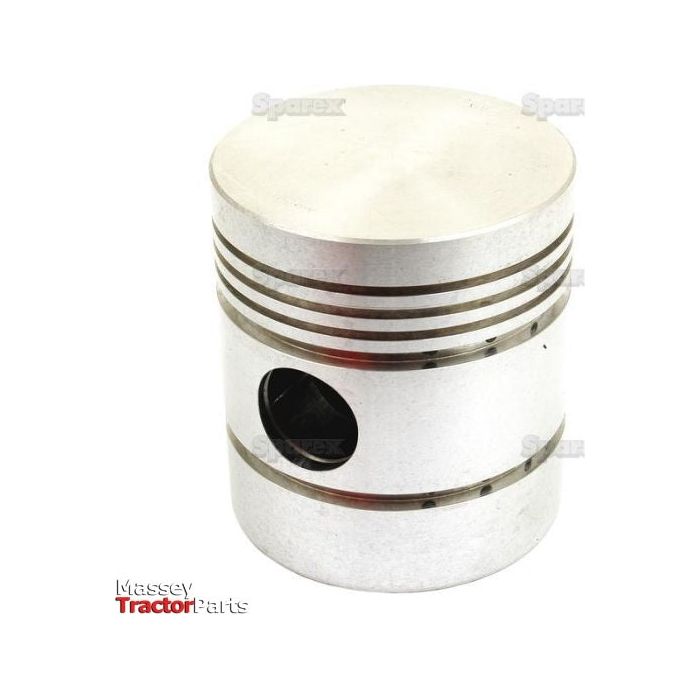 A close-up of a metallic flat top piston, Sparex Piston (Standard) - S.57629, designed for a Massey tractor. The image showcases multiple grooves and an attachment hole, with the "Massey Tractor Parts" logo visible at the bottom left, emphasizing its precision in compression height design.