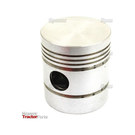 A close-up of a metallic flat top piston, Sparex Piston (Standard) - S.57629, designed for a Massey tractor. The image showcases multiple grooves and an attachment hole, with the "Massey Tractor Parts" logo visible at the bottom left, emphasizing its precision in compression height design.