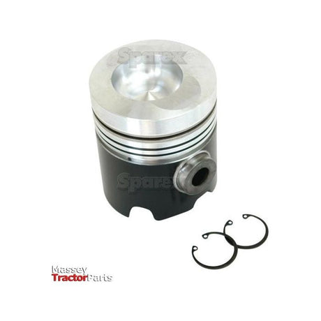 A Piston (Standard) - S.58898 in silver and black with two snap rings, set against a white background. The word "Sparex" and "Massey Tractor Parts" appear on the piston along with key details like Piston Length, and at the bottom left of the image respectively.