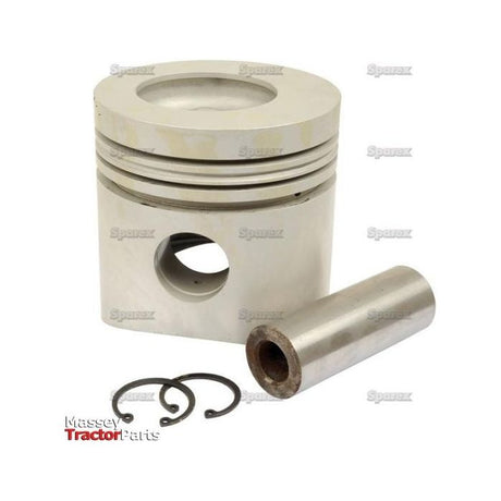 Image of a piston kit, which includes the S.59679 standard piston with its compression height labeled, along with a wrist pin and two snap rings, shown against a plain white background. The text "Sparex" and "Massey Tractor Parts" are overlaid in the background.