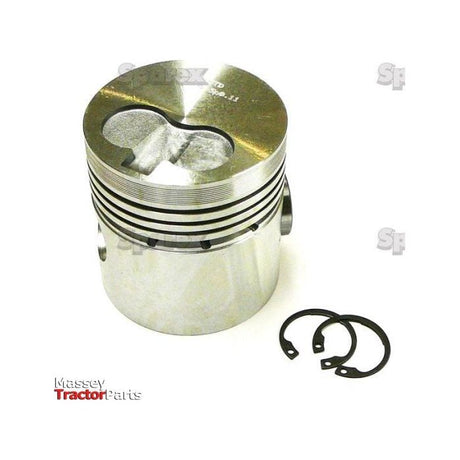 A metallic piston, branded as the Sparex Piston (Standard) - S.60295, comes with Sparex piston rings and circlips placed beside it. Designed for use in engine machinery, the piston is engraved with visible markings and serial numbers to ensure reliability in high-performance engine parts.