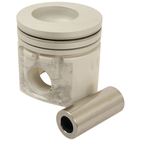 Close-up of the Sparex Piston (Standard) - S.66521, a white piston with specified compression height and a cylindrical wrist pin lying separately on a white background. The piston features grooves and a circular indentation at the top.