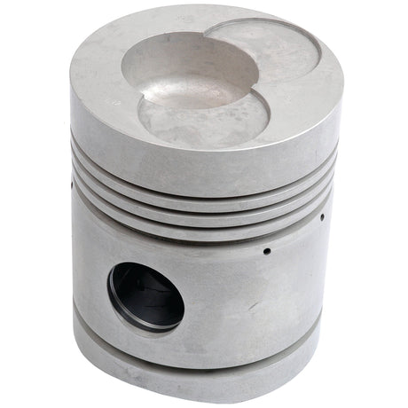 Close-up image of the Piston (Standard) - S.66719 by Sparex, showcasing its metallic build with grooves and a large circular indentation on top, specifically designed for use in an internal combustion engine. This component features precise compression height to ensure optimal performance.