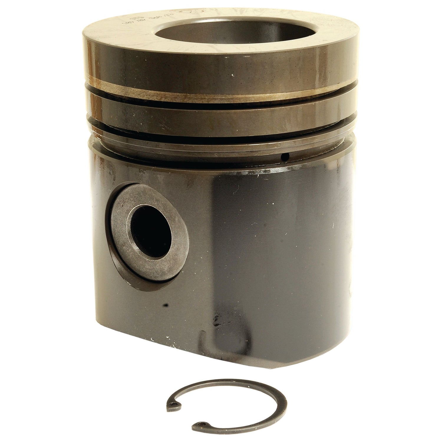A Sparex Piston (Standard) - S.67365 with grooves, a precise bore diameter, and a specific compression height sits upright next to a small metal circlip on a white background.