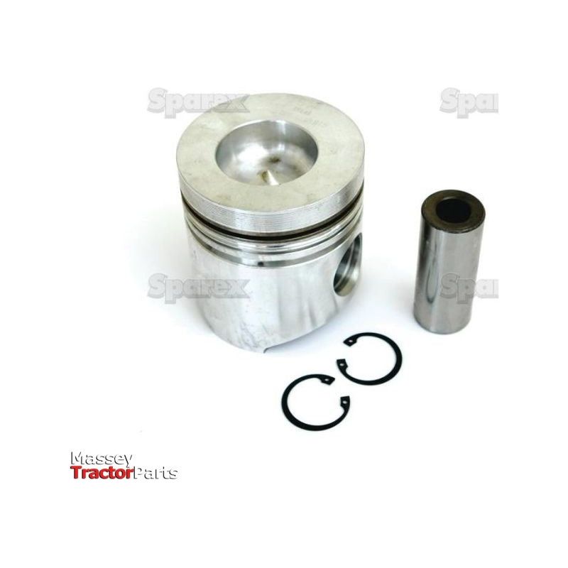 A metallic piston, piston pin, and two retaining clips are arranged on a white background. Text reading "Massey Tractor Parts" and "Sparex" is present in the image. The Piston (Standard) - S.72155 from the Sparex brand showcases impeccable compression height and bore diameter specifications for optimal performance.