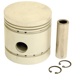 The Sparex Piston (Standard) - S.75975, featuring two ring grooves, is displayed beside a cylindrical pin and two circular retaining clips, ready to fit into the engine bore.