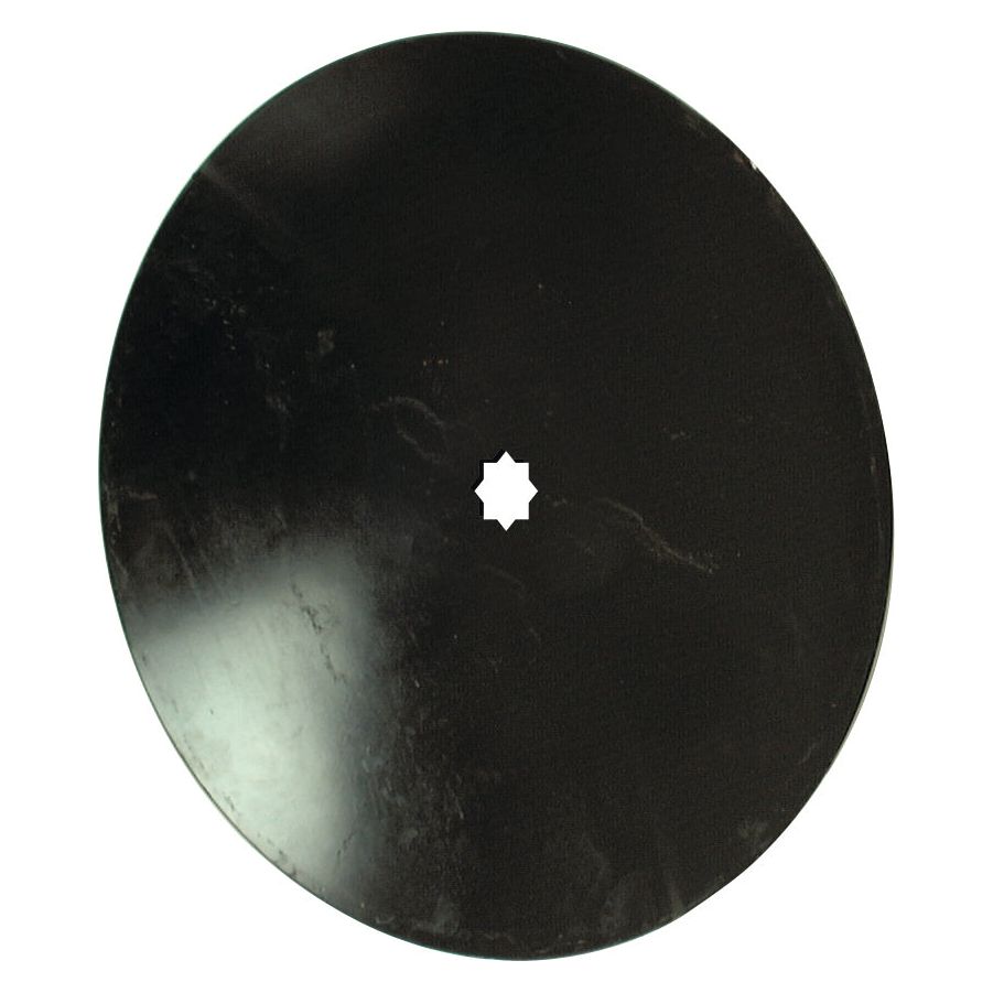 A black circular metal disc, 460mm in diameter and 3.25mm thick, featuring a dual square central hole measuring 1 1/16'' x 1 3/16'', compatible with Massey Ferguson and Universal Tractors. This is the Plain Harrow disc with part number S.77676 from Sparex, fitting model number 1887540M1.