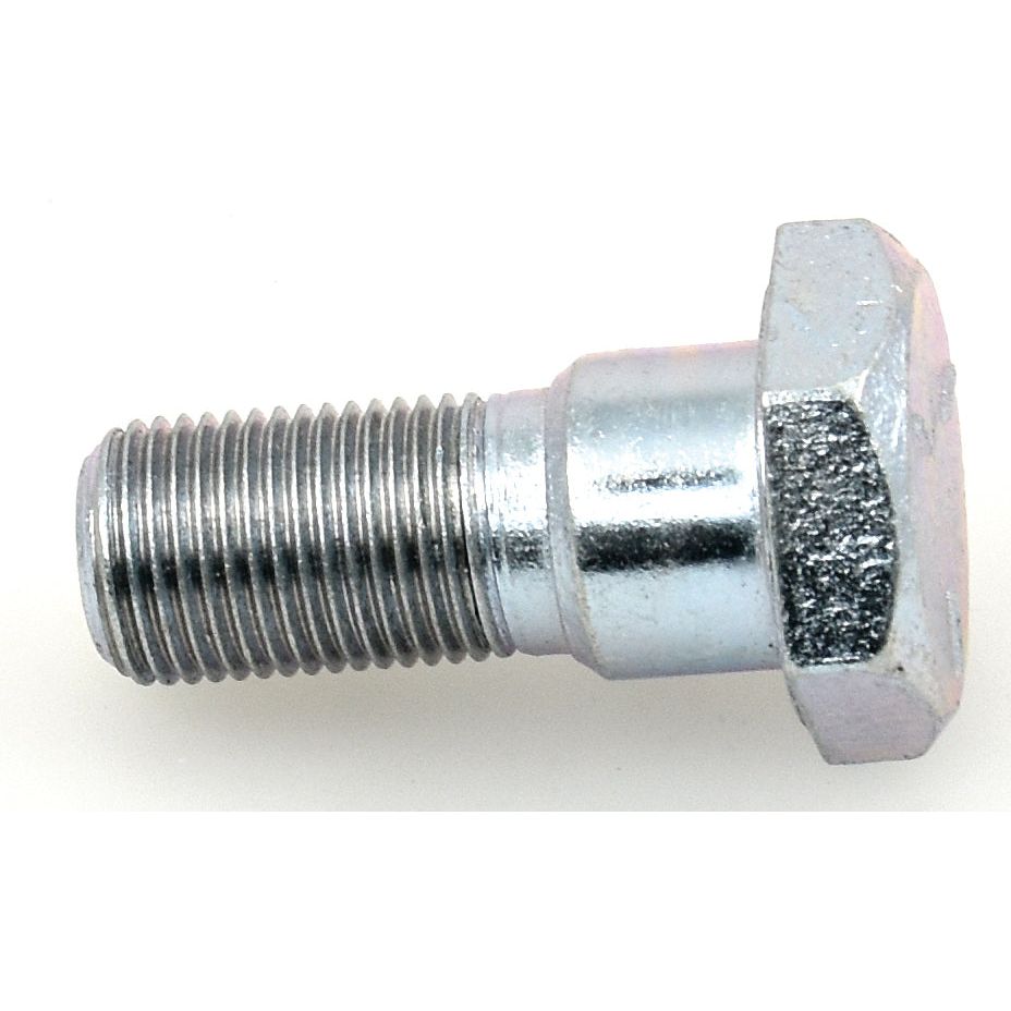 Close-up of a shiny hex bolt with a threaded shaft and a six-sided head, resembling the Plain Wheel Bolt (Sparex Part No. S.57769) used in Case IH / International Harvester machinery. The bolt measures 5/8'' x 1 9/16'' (UNF) and is metallic, appearing to be made of steel or a similar material, perfect for ensuring tight, secure assemblies.