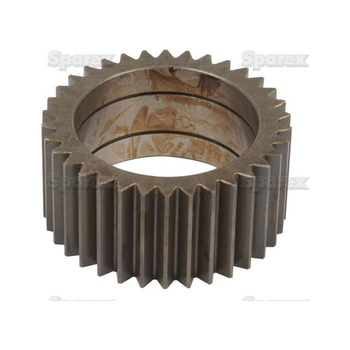 Close-up of the Sparex Planetary Gear (Sparex Part No. S.67164) with evenly spaced metal teeth, displayed against a white background, showing some internal wear and discoloration. Resembling durable components found in John Deere machinery, this part is built to withstand rigorous use.