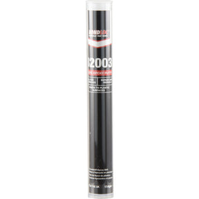 A clear tube labeled "BondLoc B2003 - Plastic Epoxy Stick - 114g | Sparex Part No.S.24101" with instructions and details about binding to various surfaces. The 114g plastic epoxy stick is upright with a black cap.