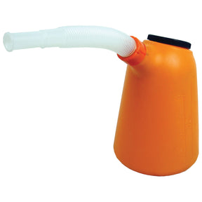 The Sparex Plastic Jug - 5L (Part No. S.20626) is an orange plastic container equipped with a flexible white spout and a black screw-top lid.
