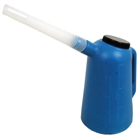 The Sparex Plastic Jug - 5L (Part No. S.20629) is a blue plastic oil can featuring a flexible white spout and black cap, marked with liter measurements on the side, and has a capacity of up to 5 litres.