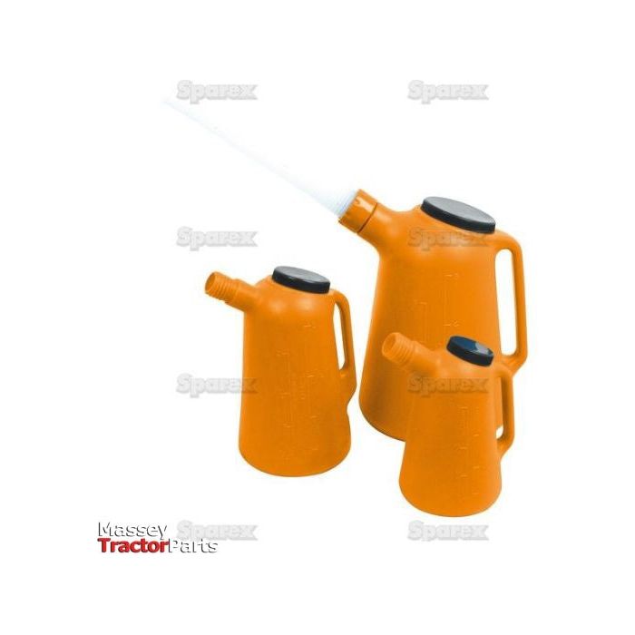 The product features three orange plastic jugs with spouts and handles, available in 1L, 2L, and 5L sizes. The largest jug has a long white spout. All containers are equipped with black caps, and "Massey Tractor Parts" is displayed in the bottom left corner. The smallest is a 2L jug labeled as Sparex Part No.S.20630 from the brand Sparex.