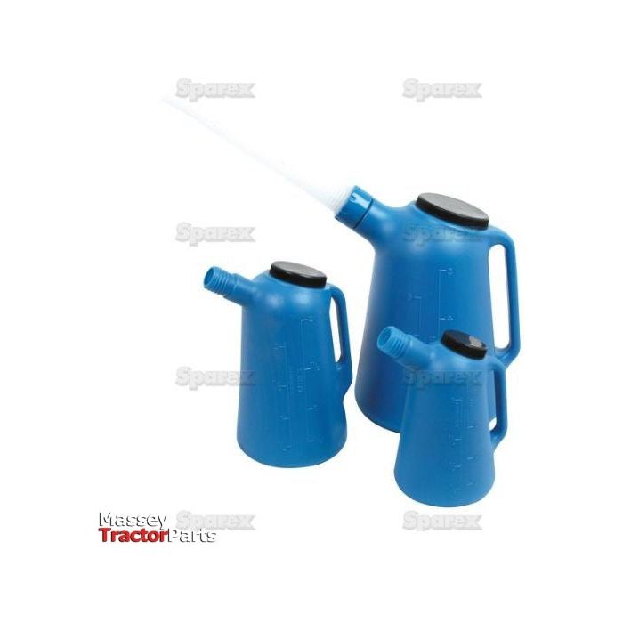 Three blue plastic jugs of varying sizes with black lids and handles. The largest jug from the Plastic Jug - Set 1, 2 & 5L (Sparex Part No.S.20631) by Sparex has a white spout attached.