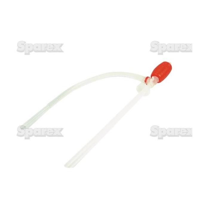 The Sparex Plastic Syphon Pump 20/25L (Sparex Part No. S.18919), made of white plastic and featuring a red bulb along with flexible tubing, is perfect for easily transferring petrol or diesel.