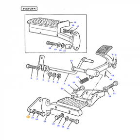 Assembly diagram of a mechanical foot pedal featuring the Plate - 180870M1 from AGCO, with numbered parts and connecting components compatible with various tractor models, including Massey Ferguson.