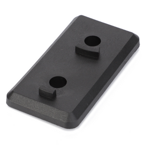 The product is an AGCO branded Massey Ferguson - Plate (3619604M1), a black rectangular plastic component featuring two circular holes with a small raised rectangle between them.