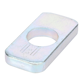 A metallic rectangular object with a central circular hole and two small indents on the surface, reminiscent of the robust engineering seen in AGCO's Massey Ferguson Plate (part number 4303325M2).