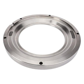 The AGCO Massey Ferguson - Plate - 4304517M1 is a steel circular industrial component featuring multiple holes and a notch along the outer edge, designed for compatibility with Massey Ferguson DYNA 4 and DYNA 6 systems.