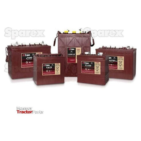 A collection of Trojan deep-cycle batteries, such as the 6V Battery L16AGM with a capacity of 400 AH @20HR (S.45261), are displayed on a white background, with logos for Massey Tractor Parts and Sparex visible in the background.