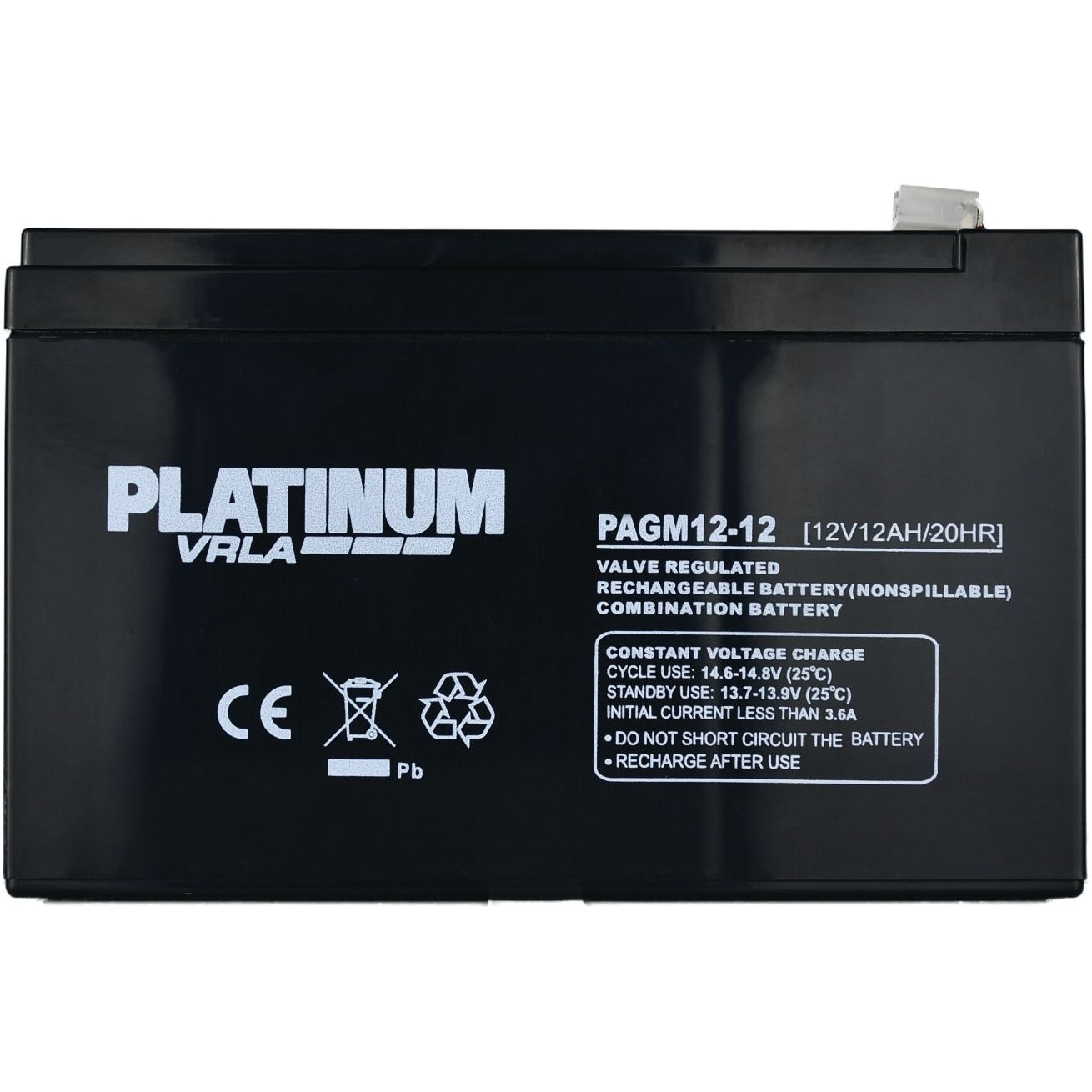 Image of a Sparex Battery PAGM12-12, 12V with an AH Capacity of 12 at 20HR, Model S.45330. The label includes safety symbols, usage instructions, and a warning to charge before use.