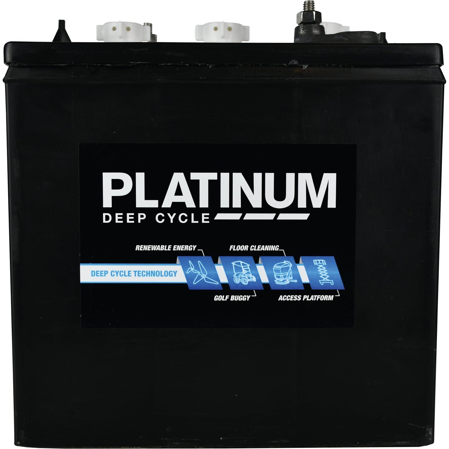 A black "Battery PLA-T105" 6V battery from Sparex, model S.45248, with a 225 AH capacity @20HR, suitable for renewable energy, floor cleaning, golf buggy, and access platform applications.