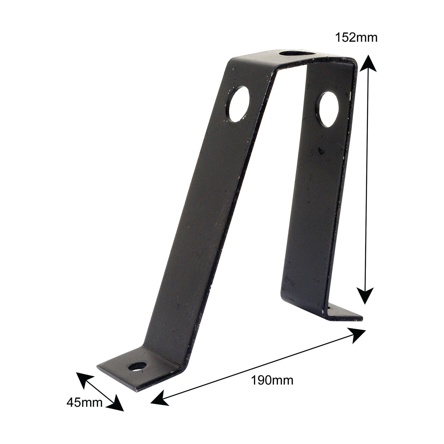 The Sparex Head Light Mount (Part No. S.43762) is a black metal bracket with dimensions of 45mm width at the base, 190mm length along the base, and 152mm height. Specifically designed for Massey Ferguson tractors, it features two circular holes on the vertical section.