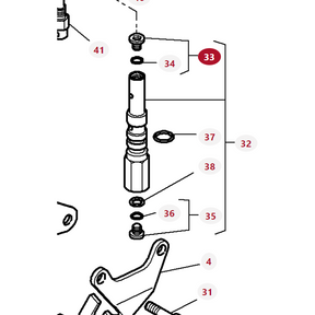 Diagram illustrating the components of a mechanical assembly, with parts numbered 31 through 41, including a central shaft (33) and surrounding nuts, bolts, and washers. This setup is integral to AGCO’s Massey Ferguson advanced Dyna-6 transmission system featuring the Plug - 3799132M91.