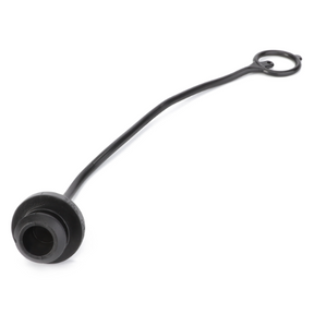 The AGCO Massey Ferguson Plug (4352104M1) is a black rubber dust cover with an attached looped tether, designed for sealing and protecting openings in mechanical or industrial applications, and it fits various Massey Ferguson tractor models.