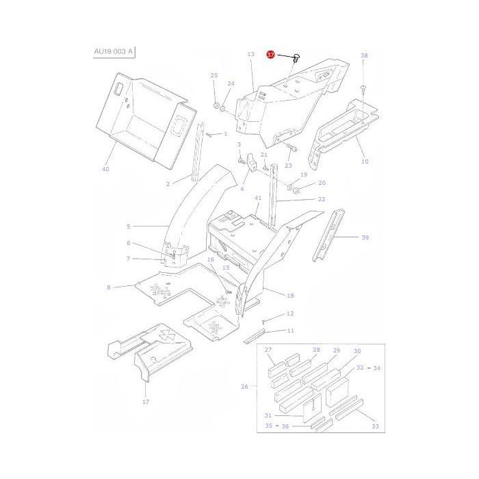 Exploded diagram showing the parts of a Massey Ferguson mechanical assembly, with numbered components and the AGCO Plug Cladding (3760037M1) highlighted in red.
