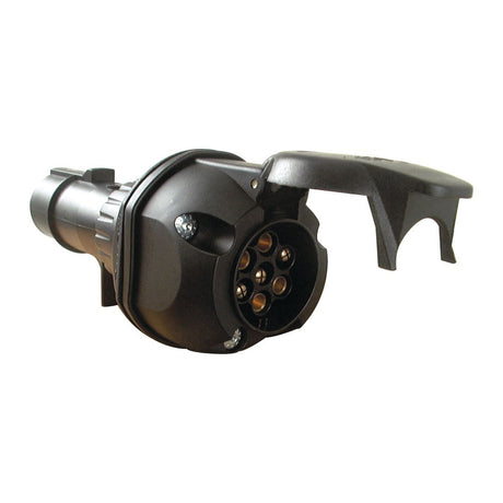 A close-up view of the Plug and Socket Reducer 24V/12V | Sparex Part No.S.26427 by Sparex, featuring a black round trailer electrical connector with a 7 pin female connection and an open cap.