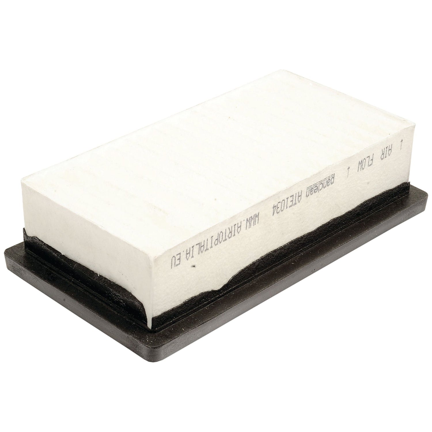 The Pollen Filter - High Performance (Sparex Part No.S.105546) by Sparex is a rectangular white air filter featuring high-performance carbon media and printed text on the side, all positioned on a black base.