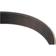 Close-up of a black Sparex Poly V / Multi-Rib Belt - PK Section, Belt No. 8PK1730 (Sparex Part No. S.73448), with a slight curvature, showcasing its texture and structure that is reminiscent of the durable belts used in Massey Ferguson 6490 tractors.
