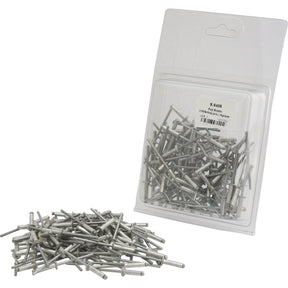 A pile of metal rivets is placed next to a clear plastic package labeled Sparex Pop Rivet, containing more metric rivets (Sparex Part No. S.8405).