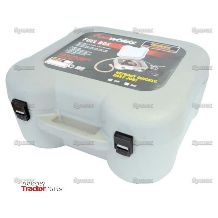 The Portable Fuel Transfer Kit - S.28984 by Sparex features a grey plastic case with black latches and is labeled for quick and easy refueling, making it suitable for various applications.