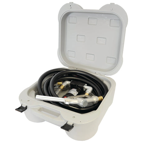 The Sparex Portable Fuel Transfer Kit - S.28984 features a plastic storage case with an open lid, revealing coiled hoses and a metal nozzle inside—suitable for various applications.
