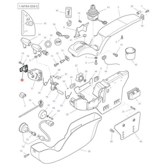 Exploded view diagram of a mechanical device with various numbered components, including the Massey Ferguson - Potentiometer - 4274087M1 by AGCO for precise control and an armrest, all laid out in a detailed schematic.