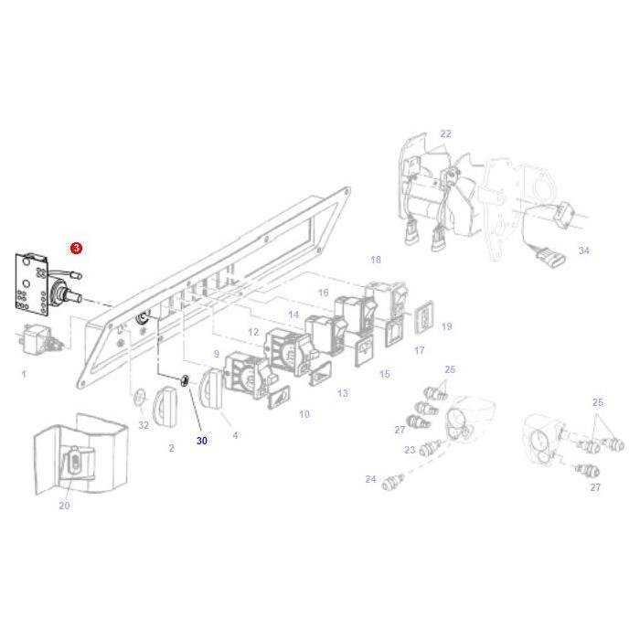 Exploded view diagram of a mechanical device showing various components with numbered labels, similar to those found in AGCO's Fendt models like the Potentiometer Air Condition - G515550070020, indicating how the parts fit together.
