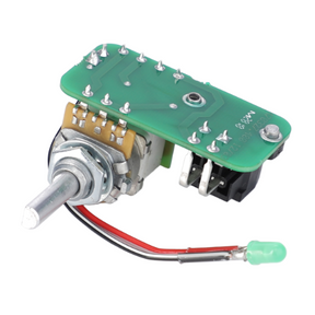 A Fendt-compatible potentiometer for air conditioning (G515550070020) by AGCO, featuring a green LED-illuminated rotary encoder with a green circuit board and attached wires.