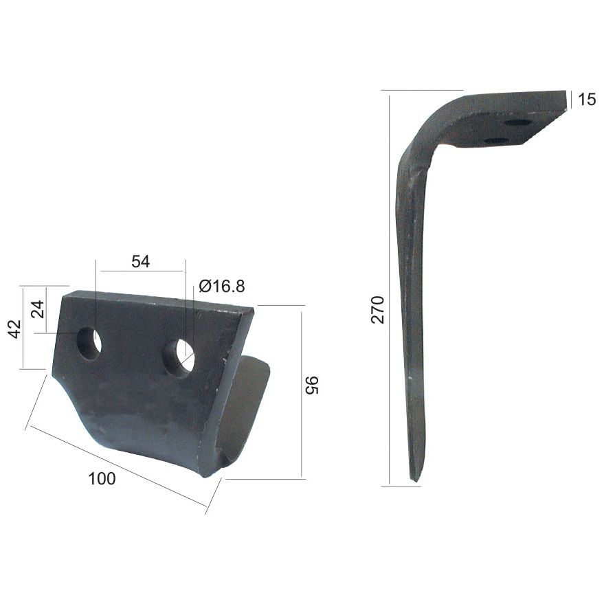 Power Harrow Blade 100x15x270mm LH. Hole centres: 54mm. Hole⌀ 17mm. Replacement forPerugini (Concept-Ransome).
 - S.78182 - Massey Tractor Parts
