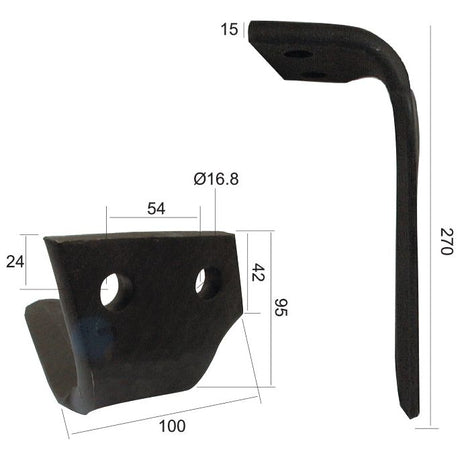 Two metal brackets with specific technical dimensions. The left bracket, a Power Harrow Blade replacement for Perugini 320424, has hole centers of 54 mm and a hole diameter of 17 mm. The right bracket, known as the Power Harrow Blade 100x15x270mm RH from Sparex (Sparex Part No.S.78181), has a height of 270 mm and features a bent section with dimensions of 42 mm in height and 15 mm in width.