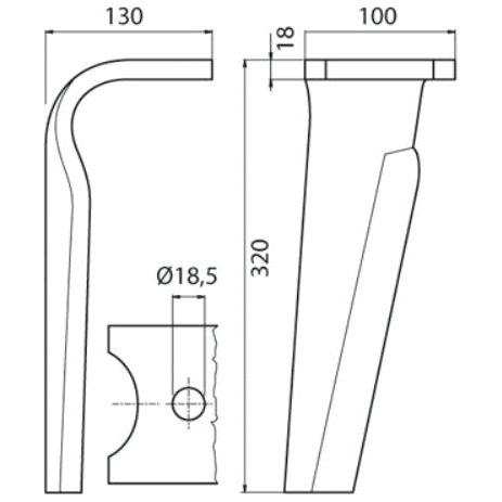 Power Harrow Blade 100x18x320mm LH. Hole centres: mm. Hole⌀ 18.5mm. Replacement forKverneland.
 - S.22926 - Massey Tractor Parts